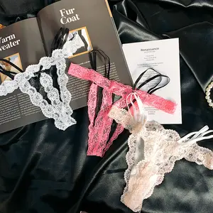 Openwork Lace Thong Pants with Double Bows on the Front and Back, Renaissance Lace G-String, Floral Cut-Out Panties with Satin Bows, Sexy and Sweet
