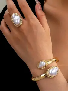 Elegant Women's Matching Fashionable Jewelry Set, Vintage Baroque Style Faux Pearl Bracelet Ring Duo, Perfect for Parties & Daily Wear