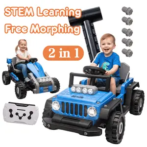 12V Ride on Toy for Kids, 2-in-1 Truck/Go Kart Freely Switched, Ride on Car w/Remote Control, Creative Building Block Assembly, 4-Wheel Suspension, LED Lights, Electric Car for Boy Girl Gift (Black)