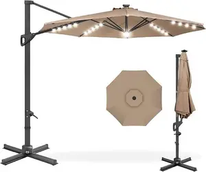 10Ft Mini Roman Umbrella with Light - Aluminum Iron Frame Polyester Fabric 360° Swivel Cantilever Patio Umbrella Downward Shake Tilt 100 Angles Cross Base for Backyard Deck Poolside