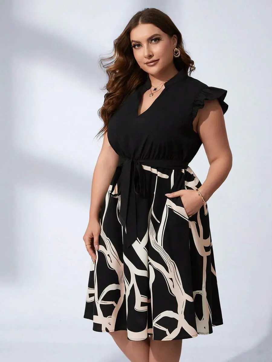 Plus Graphic Print Notched Neckline Ruffle Trim Belted Dress For Women,Black Summer Elegant Formal Office Attire,Work Floral Party Vacation Outfits