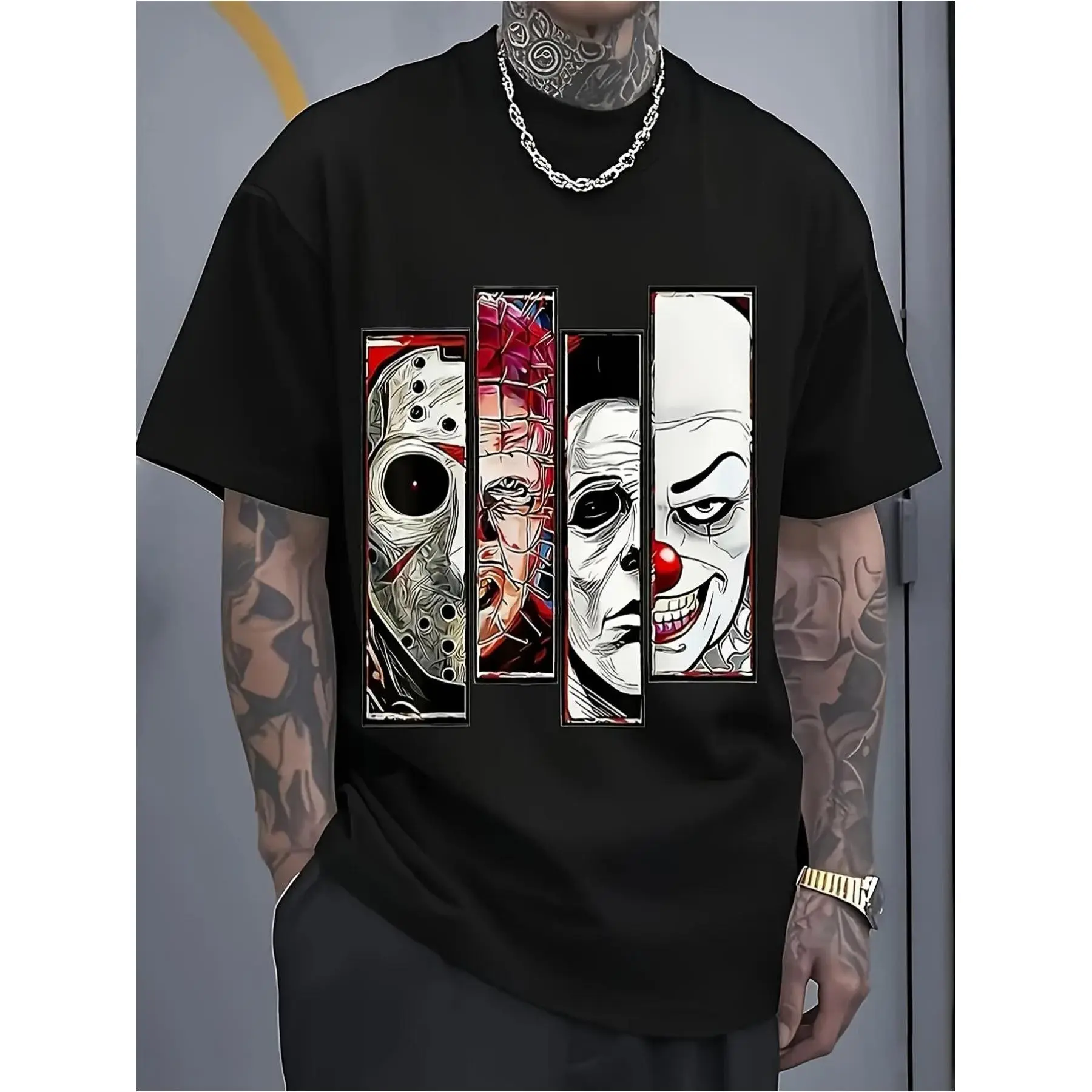 Gothic Horror Menswear Top, Heavyweight Shortsleeve T-Shirt with Jason, Freddy & Pennywise Graphic for Casual Streetwear, Tshirt, Round Neck, Jason Voorhees Art