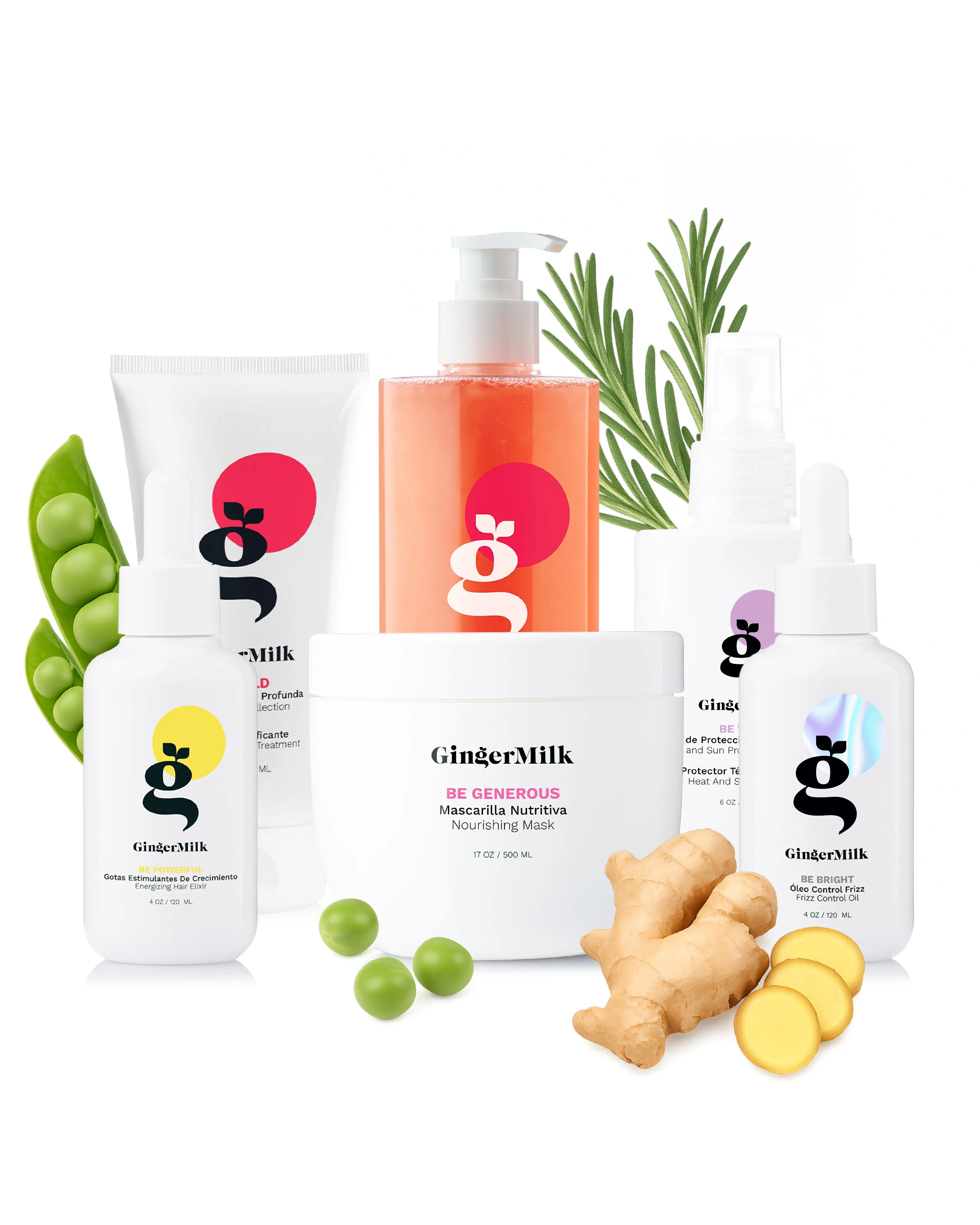 Complete Hair Care Kit | Be Bold Shampoo 16 oz + Be Generous Mask 17 oz + Be Wise Heat Protector 6 oz + Be Bold Protein Gel 9 oz + Be Powerful Dropper 4 oz + Be Bright Anti-Frizz Oil 4 oz | Repair, Nourish & Protect Care for All Hair Types | Ginger Milk