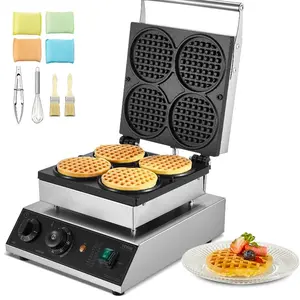 VEVOR Commercial Waffle Maker, 4PCS Round Waffle Baker Machine, 1750W Non-Stick Stainless Steel Belgian Waffle Iron with Temperature and Time Control, for Restaurant Bakery Snack Bar Family