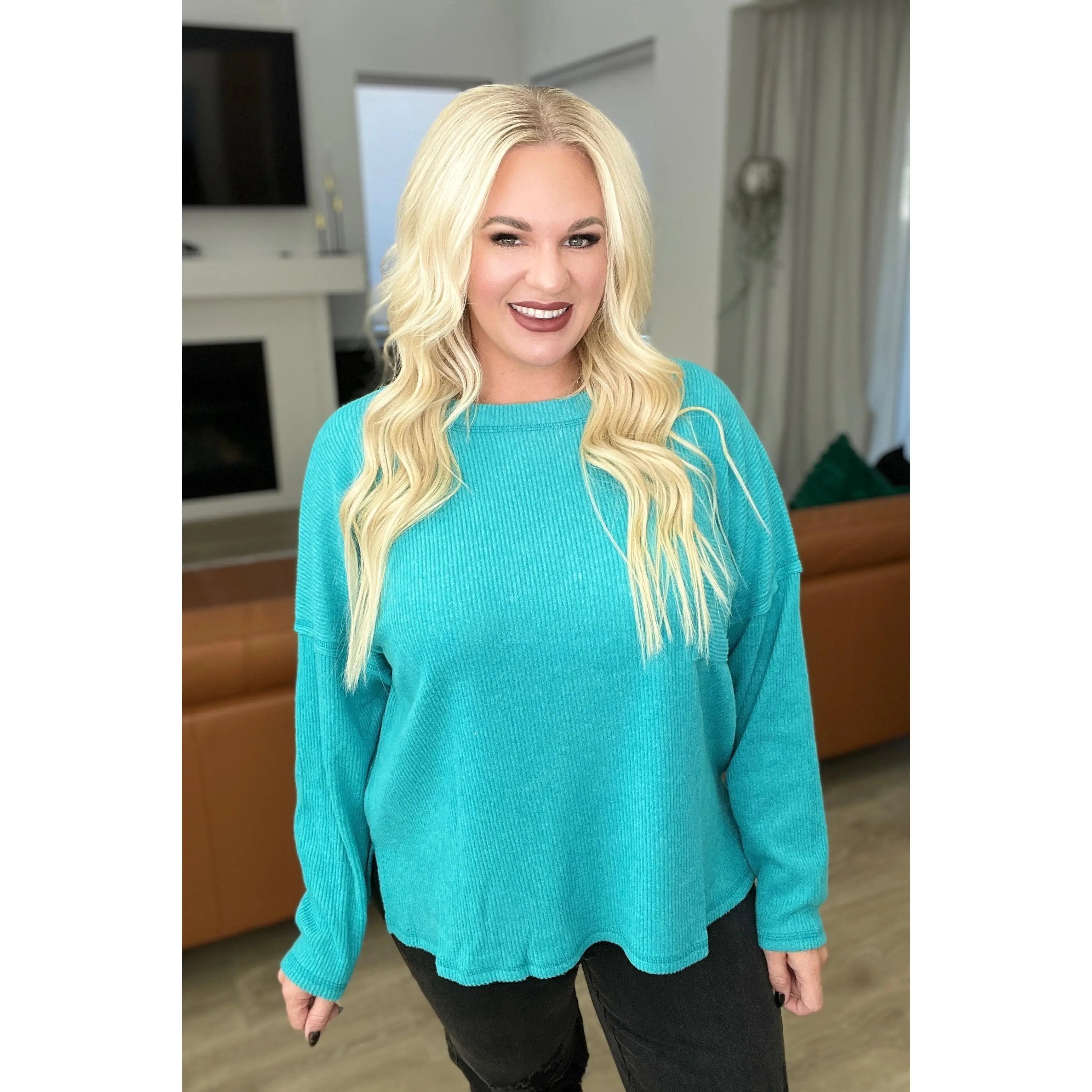Ribbed Brushed Hacci Sweater in Light Teal