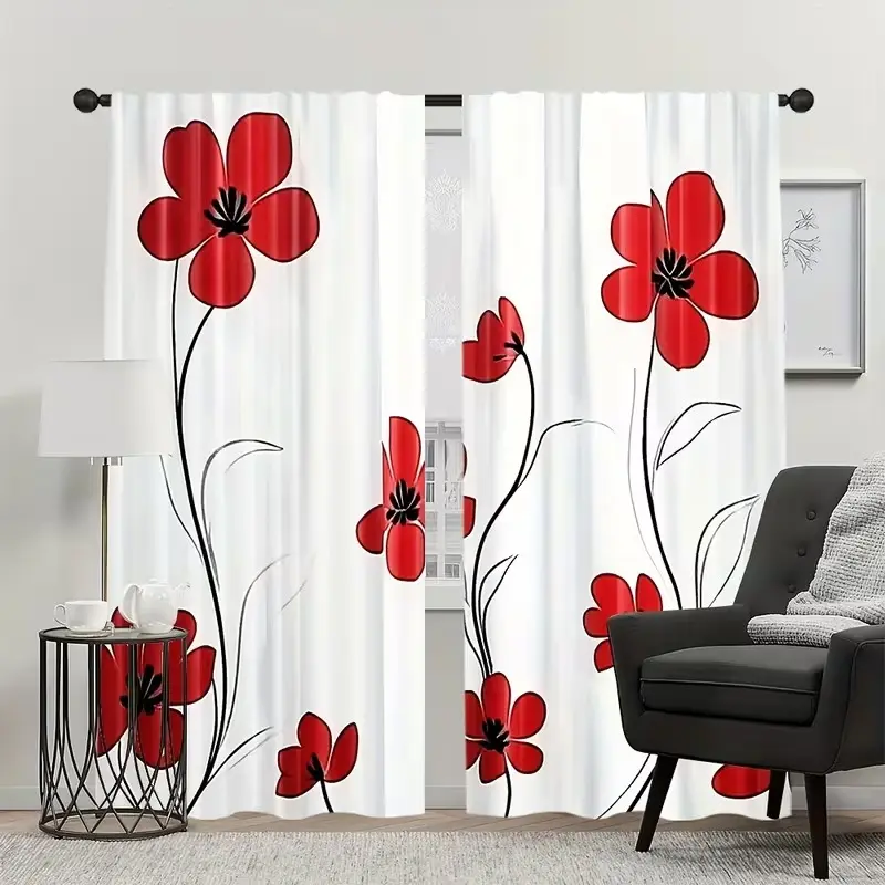 2-piece set of white background red floral rattan curtains, semi transparent polyester material party home decoration curtains, suitable for bedrooms, living rooms, dining rooms, kitchens, study rooms, and offices.