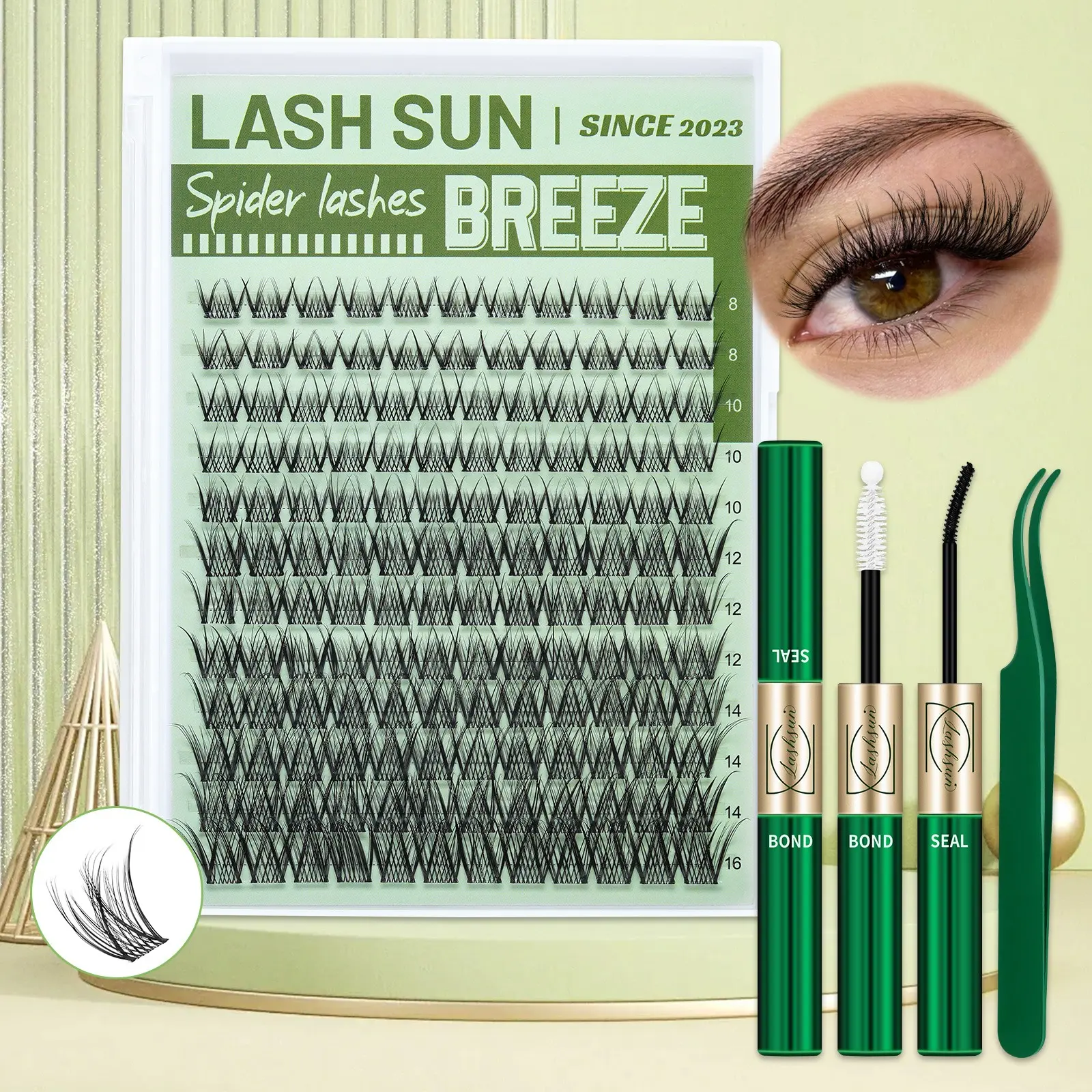 Lashsun Spider Breeze Lash Clusters Kit, Wispy Natural Eyelash Clusters D Curl 8-16mm Cluster Eyelash Extensions Reusable Individual Lashes with Invisible Band for DIY at Home, Longer Looking Eyelashes, Kit with Bond&Seal Tweezers