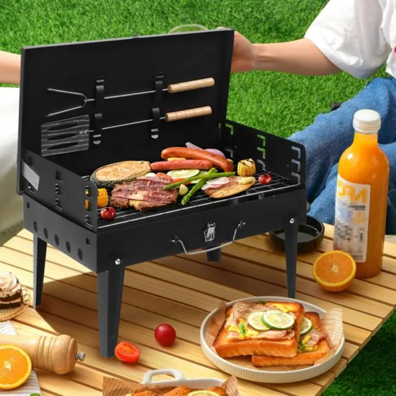 Portable Square Charcoal Barbecue Grill (44x27x7cm) - Heavy-Duty Legs, No Assembly Required, Open-Top Design, Large Cooking Surface, Even Heat Distribution, Sturdy Construction, Dust-Proof, Moisture-Proof - Backyard Camping Essential Grilling Gear, Indoor