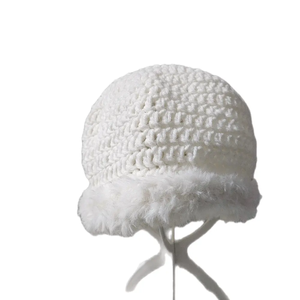 White Crochet Beanie with fur Brim. White Crochet Beanie with fur Brim.