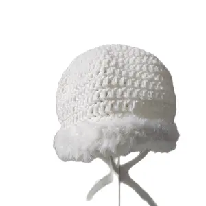 White Crochet Beanie with fur Brim.