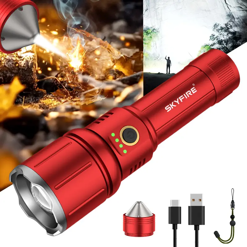SKYFIRE 699 Emergency LED Flashlight - High Power, USB-Rechargeable with USB Port, Batteries Included, Custom Safe Ignition Gift Box for Adults, Ideal New Year Present, High Power Flashlight