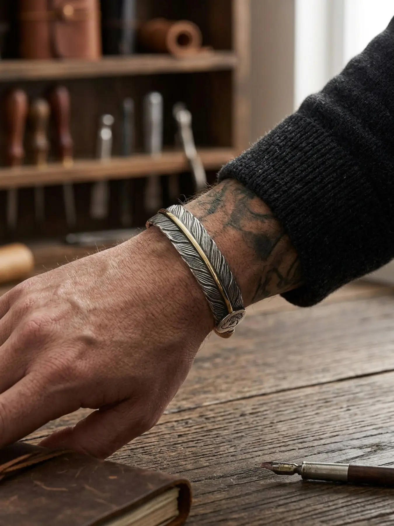 Men's Boho Style Feather Design Bangle Bracelet, Hand Chains Adjustable Open Bangle Stackable Bracelets for Party, Daily, Trendy Vintage Jewelry As Birthday Gift Fall Jewellery