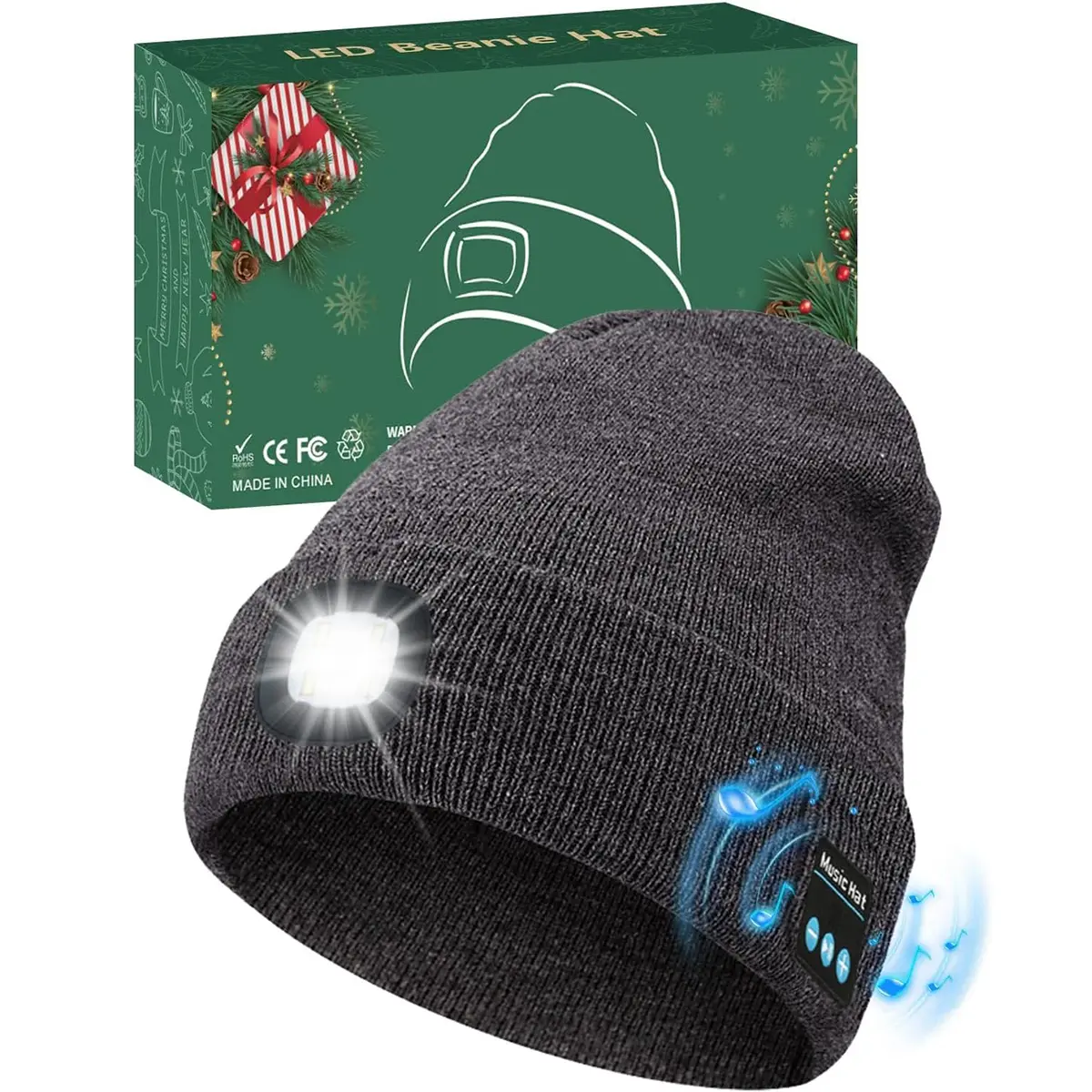 Bluetooth Beanie Hat with LED Headlight & Removable Speakers USB Rechargeable Knit Warm Winter Unisex Gift for Music Calls Sport Outdoor