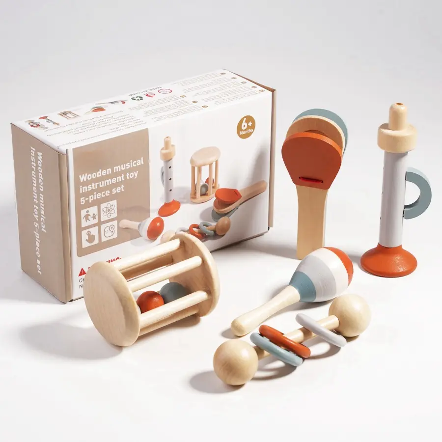 Montessori Rattle Five-Piece Set Drum Instrument, Baby Hand Grab Bell Rattle Toy, Early Education Sensory Soothing Bed Bell Wooden Toy Gifts