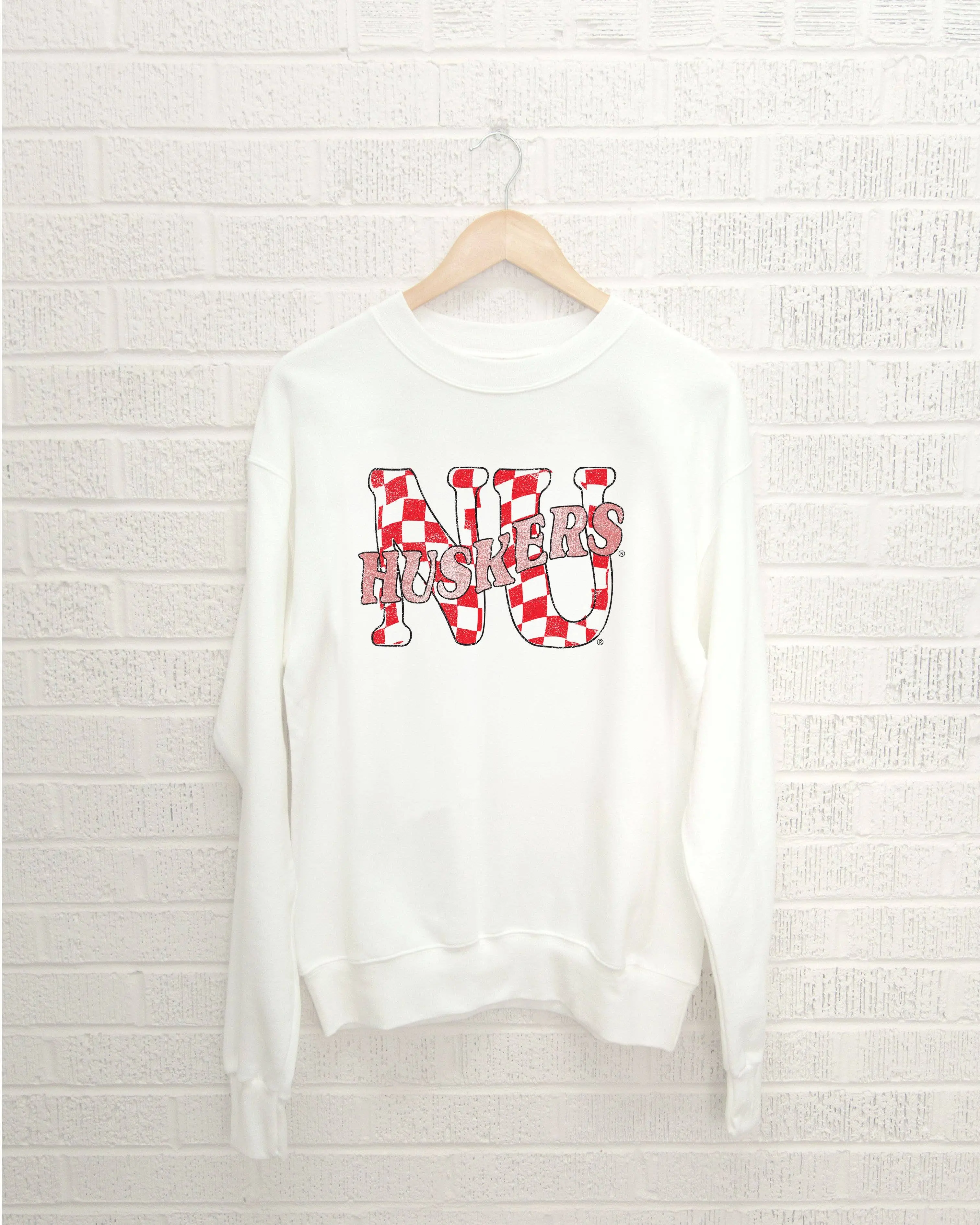LivyLu - Nebraska Huskers Twisted Check White Thrifted Sweatshirt