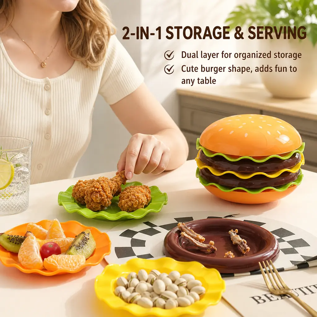 Hamburger-Shaped Stackable Shallow Plates Set - 1 Count 5-Layer Colorful Themed Food-Shaped Small Size Plates for Home Kitchen Table Top Use (Serving Snacks), Playful Small Trays, Sohochic Home