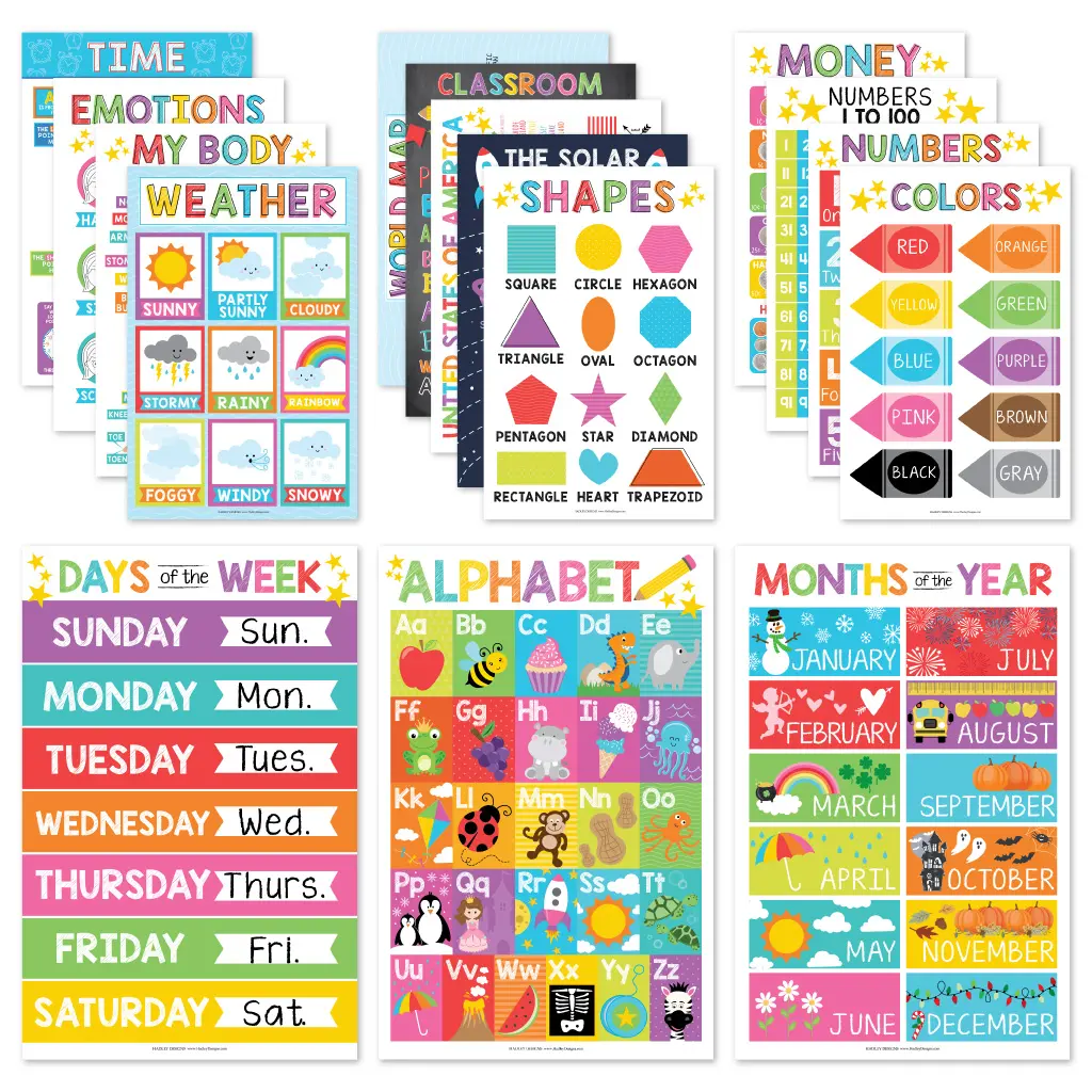 Hadley Designs Educational Posters Set of 16 for Preschool & Kindergarten Classroom - Laminated 11x17 Learning Charts, Alphabet Numbers Shapes