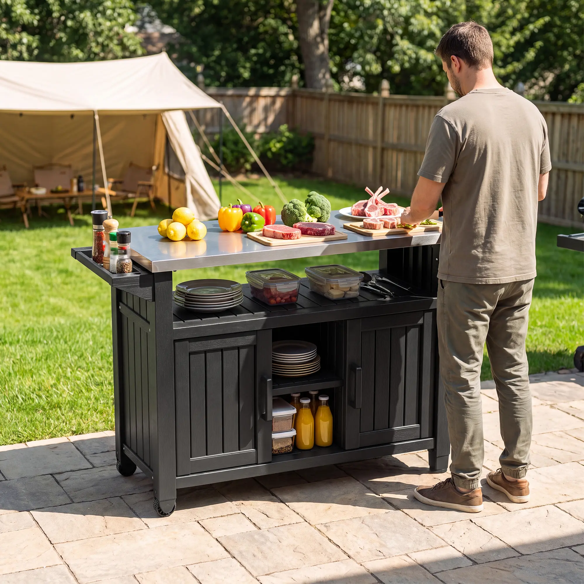 Multifunctional Outdoor Storage Cabinet - Wheeled Terrace Storage Table, Outdoor Bar Cart Suitable for Terraces, Backyards, Black, Multifunctional Storage Cabinet