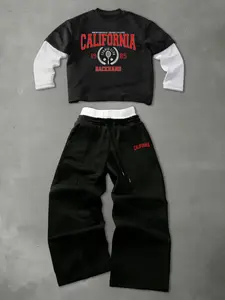 Men's two-piece fitted set, Top, Menswear, including a graphic printed long-sleeved T-shirt and trousers, featuring letter and small pattern prints, this sporty set is suitable for everyday wear, vacations, and outdoor activities