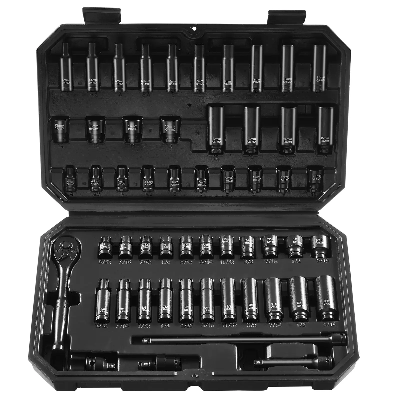 【Summerfinds】VEVOR 1/4" Drive Impact Sockets Set 55pcs CR-V Deep/ShallowSAE(5/32" - 9/16") & Metric(4-15 mm) 6-Point Drive Bit Ratchet Tool Kit Case with 2 Extension Bars (3" 8")1/4" Drive Ratchet Handle