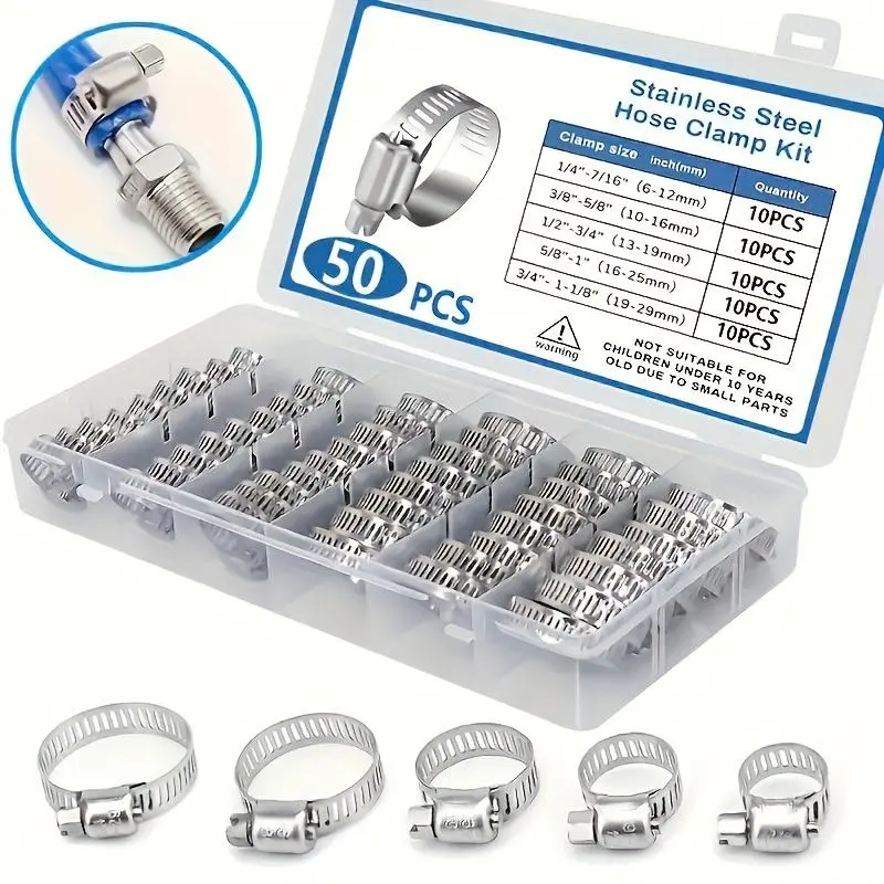 50-Piece Stainless Steel Heavy Duty Hose Clamp Set for 1/4" to 1-1/8" T-Bolts, Worm Gear Design for Automotive and Plumbing Use, Metal Hydraulic Pneumatic Water Pipe Fittings