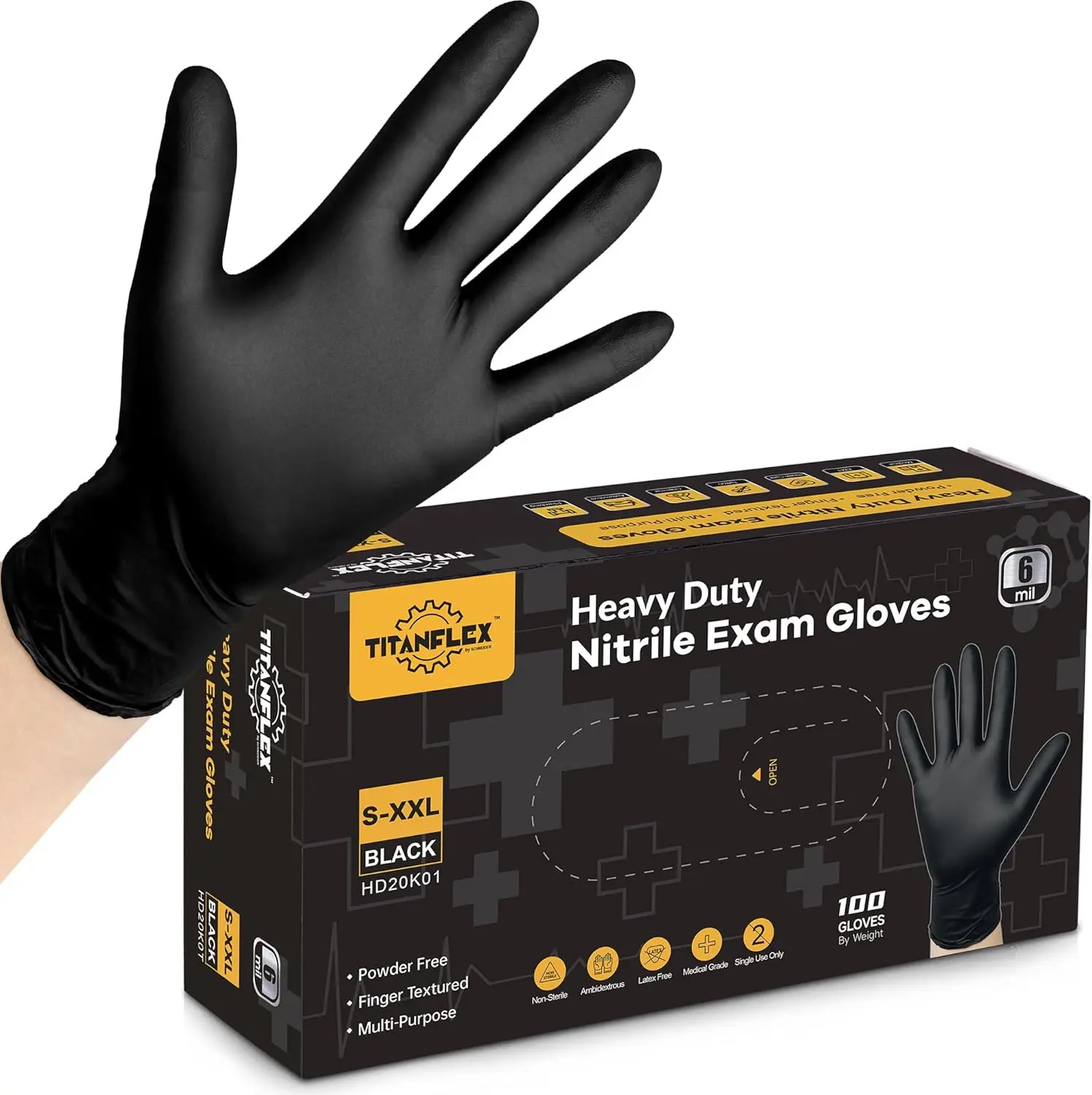 TitanFlex 6-Mil Black Nitrile Exam Gloves, XXL, Heavy-Duty Latex-Free Disposable Gloves, 100 Count