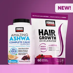 Force Factor Hair Growth Accelerator, Clinically Studied Lustriva, Promotes Thicker, Fuller, Stronger Hair AND Amazing Ashwa Complete Calm Support with KSM-66 Ashwagandha, Like Ashwangandha Gummies to Promote Calm & Relaxation with Magnesium & L-Theanine