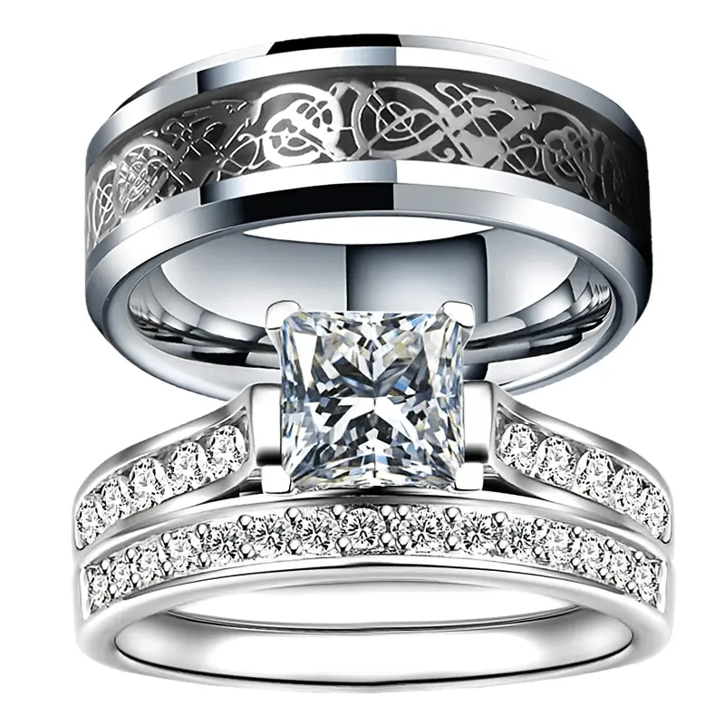 Elegant Couple's Rings, 2-Piece Stainless Steel Engagement Wedding Band Set, Hypoallergenic Unisex Fit, Valentine's Day Gift, Engagement Wedding Bands, Two Piece Set