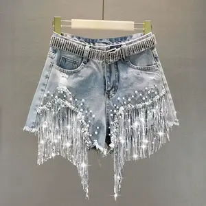 Denim Shorts Summer Clothes New European High Waist Thin Beaded Sequined Fringed Broken Copper Jeans