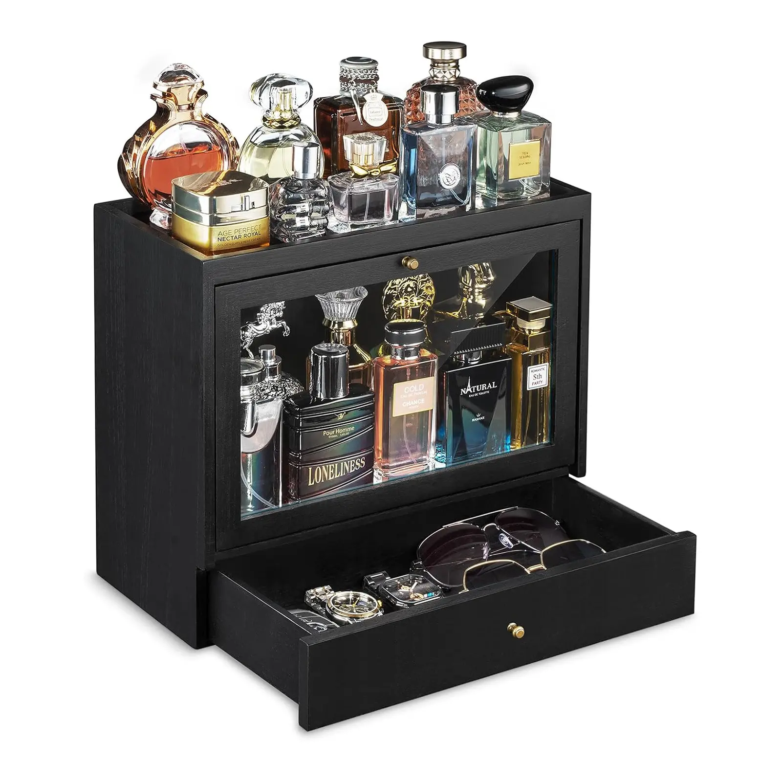 Emfogo Cologne Organizer for Men, 3-Tier Wooden Perfume Stand with Dustproof Acrylic Panel and Drawer, Large Capacity Cologne Display Shelf for Dresser, Black