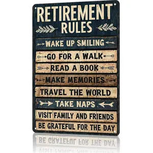 Retirement Rules 8x12 Inch Aluminum Metal Sign - Vintage Blue Wood Style Wall Decor for Home, Office, Retirement Gift, Inspirational Quote Tin Sign