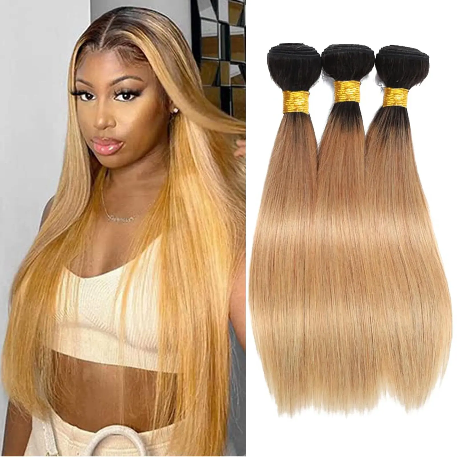 Luxe Hair & Beauty 1B/27 Ombre Human Hair Bundles Straight Bundles Human Hair 24 26 28Inch 3 Bundles Human Hair 100% Unprocessed Brazilian Virgin Human Hair Bundles Straight(1B/27-ST-24 26 28Inch)