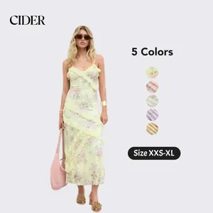 Cider Maxi Dress – Lace V-Neck Floral Ruffle Polyamide Stretch Romantic Women’s Summer Vacation Beach Party Gown, Floral Embroidery Slim Fit Long Dress for Spring Dealsforyou
