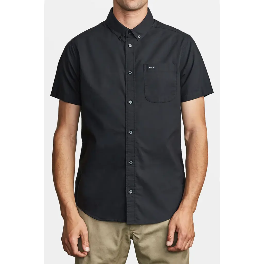RVCA Men's That'll Do Slim Fit Stretchy Short Sleeve Button-Down Shirt - Cotton-Polyester-Elastane Fabric, Curved Hem, Pocket, Scallop, Menswear Tops, Casual Wear, Daily Use Clothes