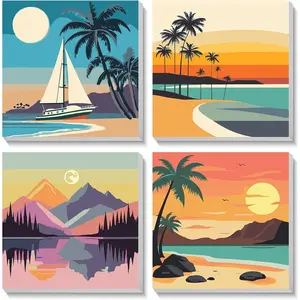 Framed Paint by Numbers kit for Kids, 4 Pack Sunset Paint by Numbers for Kids Ages 8-12, Beach Paint by Numbers Kits Children Beginner, DIY Acrylic Oil Painting for Home Wall Decor 8x8 inch