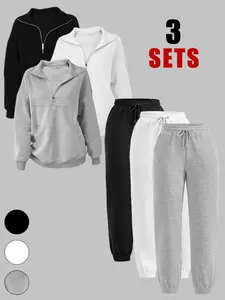Women's Fashion Loose Fit Zipper Hoodie and Drawstring Sweatpants Set Outfit, Casual Long Sleeve for Fall & Winter, Elastic