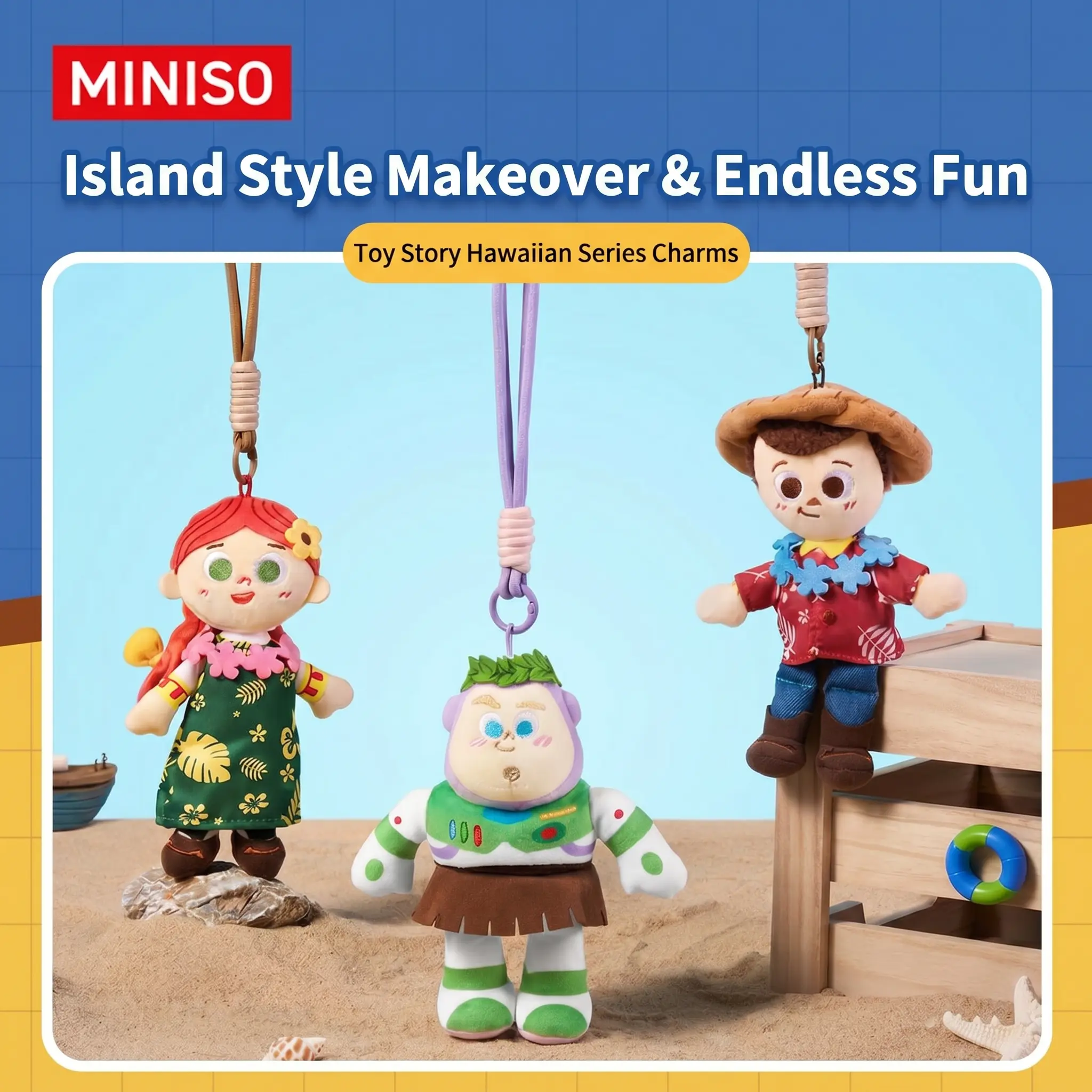Disney Toy Story Hawaiian Vacation Series Keychain – Cute Collectible Pendant, Perfect Gift for Toy Story Fans, Adorable Summer Bag Charm Featuring Woody & Buzz Lightyear in Tropical Styles!