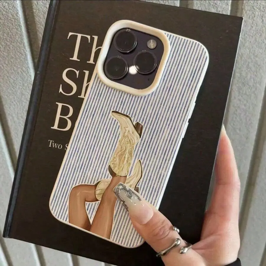 A vintage Western cowboy boot design TPU phone case with blue striped pattern, waterproof, shockproof, drop-proof, scratch-resistant, compatible with iPhone 17/16/15/14/13/12/11/X/XS/XS Max, suitable as a gift for friends and family, Cover, Accessories, S