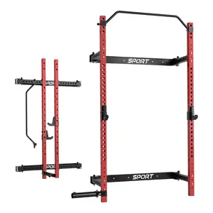 1000 LBS Capacity Foldable Squat Rack, Wall-Mounted Power Rack with Pull-Up Bar, J-Hooks and Landmine Attachment, Constructed with 2.36"×2.36" Heavy-Duty Steel, Space-Saving Cage for Home Garage Gym