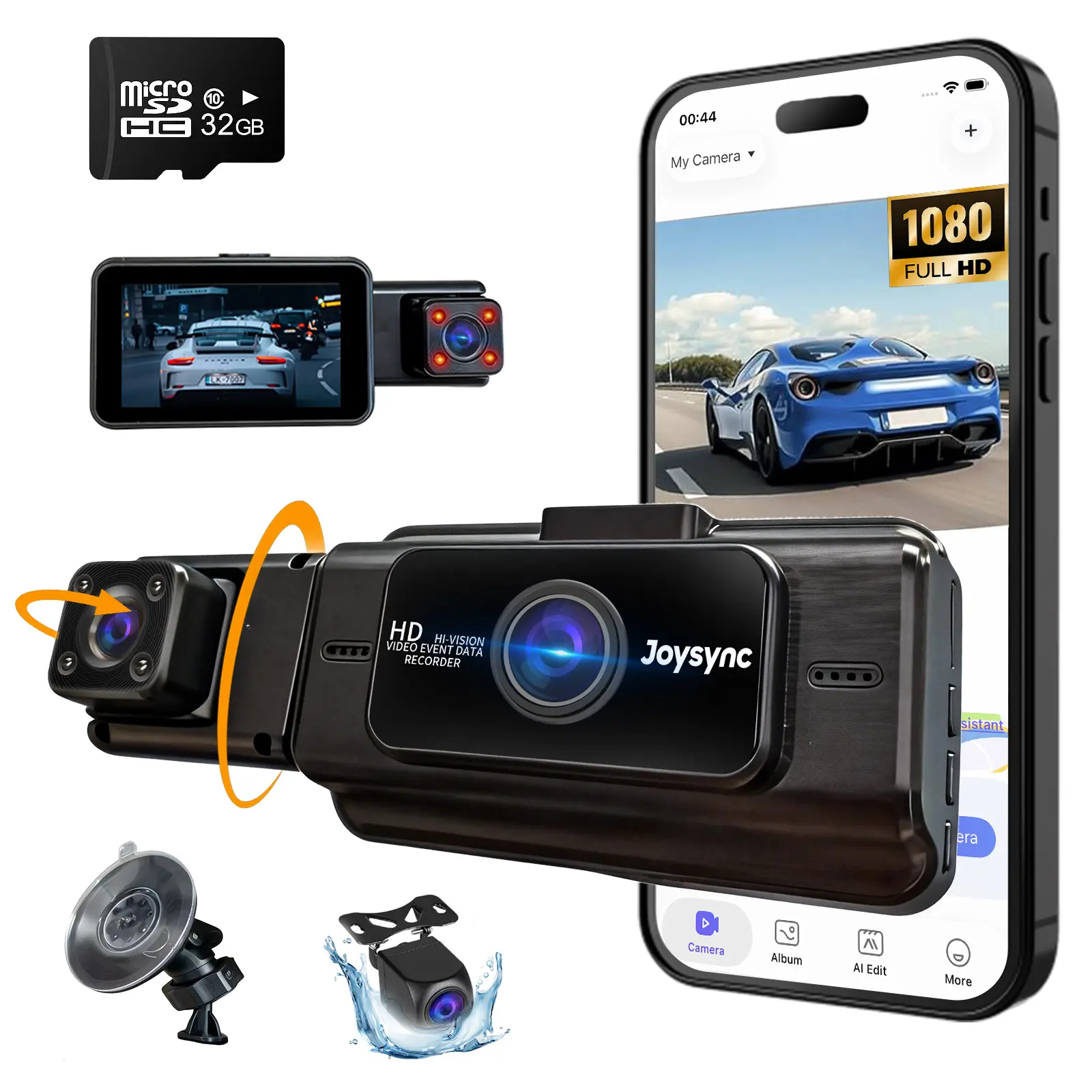 3 Channel Dash Cam Front and Rear, 1080P Dash Camera for Cars, Car Camera Front Rear and Inside/Back with 64GB Card,, Loop Recording, HDR, Night Vision, G-Sensor, Parking Monitor