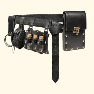 5pcs Vintage Medieval Viking Waist Bag Set with Faux Leather Straps, Glass Vials, and Buckles - Ideal for Halloween Cosplay and Role-Playing, Halloween Costume Accessory | Vikinginspired Design | Durable Faux Leather Straps, Viking Accessories