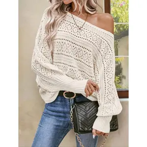 Women’s autumn and winter casual loose knit sweater with a hollow design and diamond pattern, a perfect choice for vacations and shopping. GARMENTARY