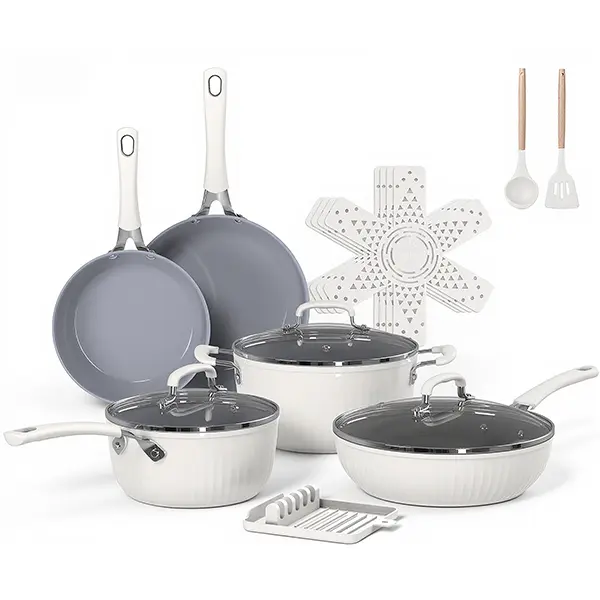 Ammeloo Ribbed Non-Stick Cookware 15-Piece Set | Pure White & Navy Blue | Complete Kitchen Starter Kit | Pots, Pans & More | Scratch-Resistant & Easy Clean