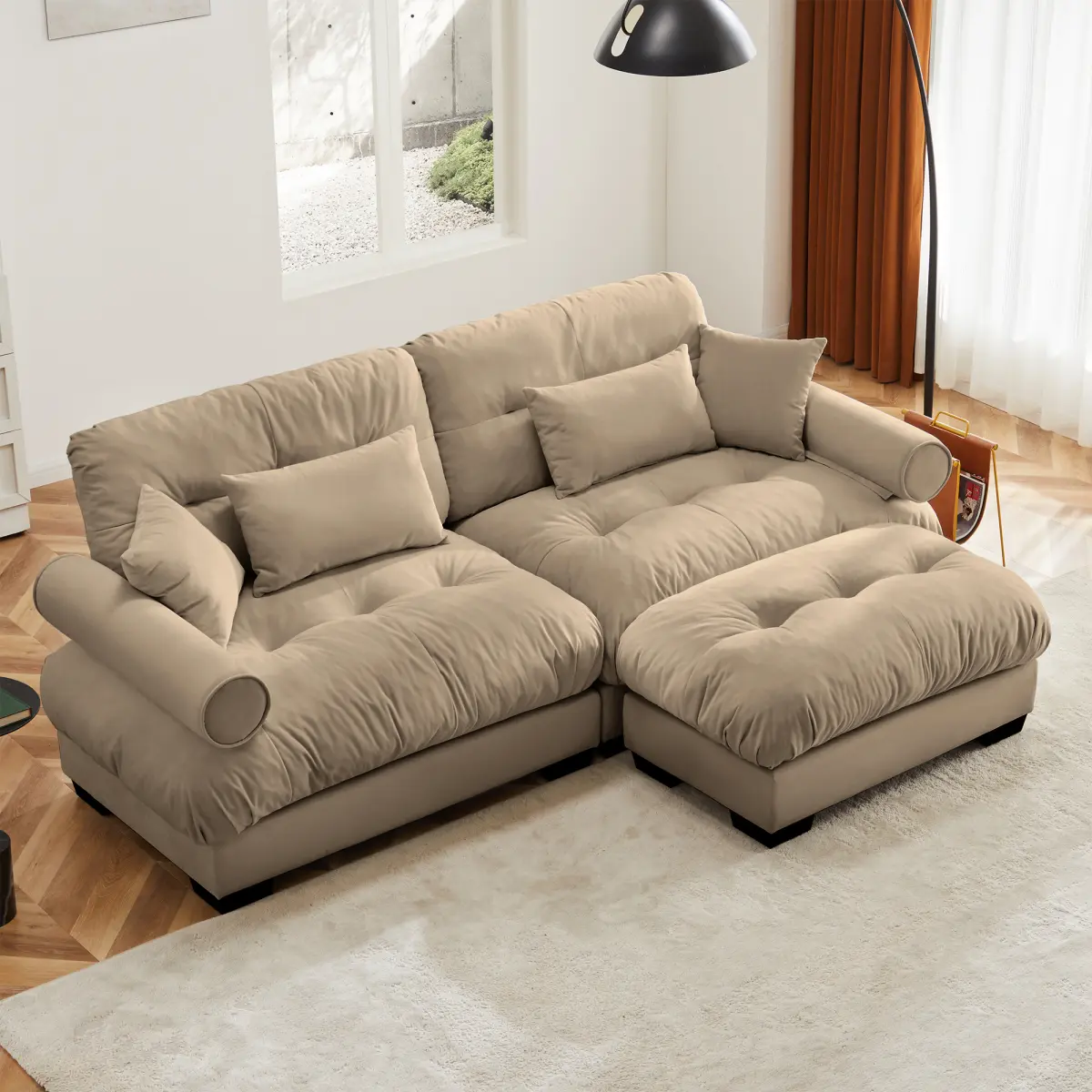 93.7" Sofa Couch Loveseat, 2 Seater Modular Sectional Sofa, Large L Shaped Sectional Couches for Living Room, Fluffy Couch, Love Seat, Velvet Cloud Couch with Ottoman, Deep Seat Sofas for Living Home