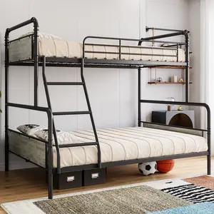 Twin Over Full Metal Bunk Bed – Heavy Duty Frame for Teens & Adults, Angled Ladder & Safety Guardrails, Space Saving, No Box Spring Needed, Black + Brown, for Dorm/Bedroom/Apartment