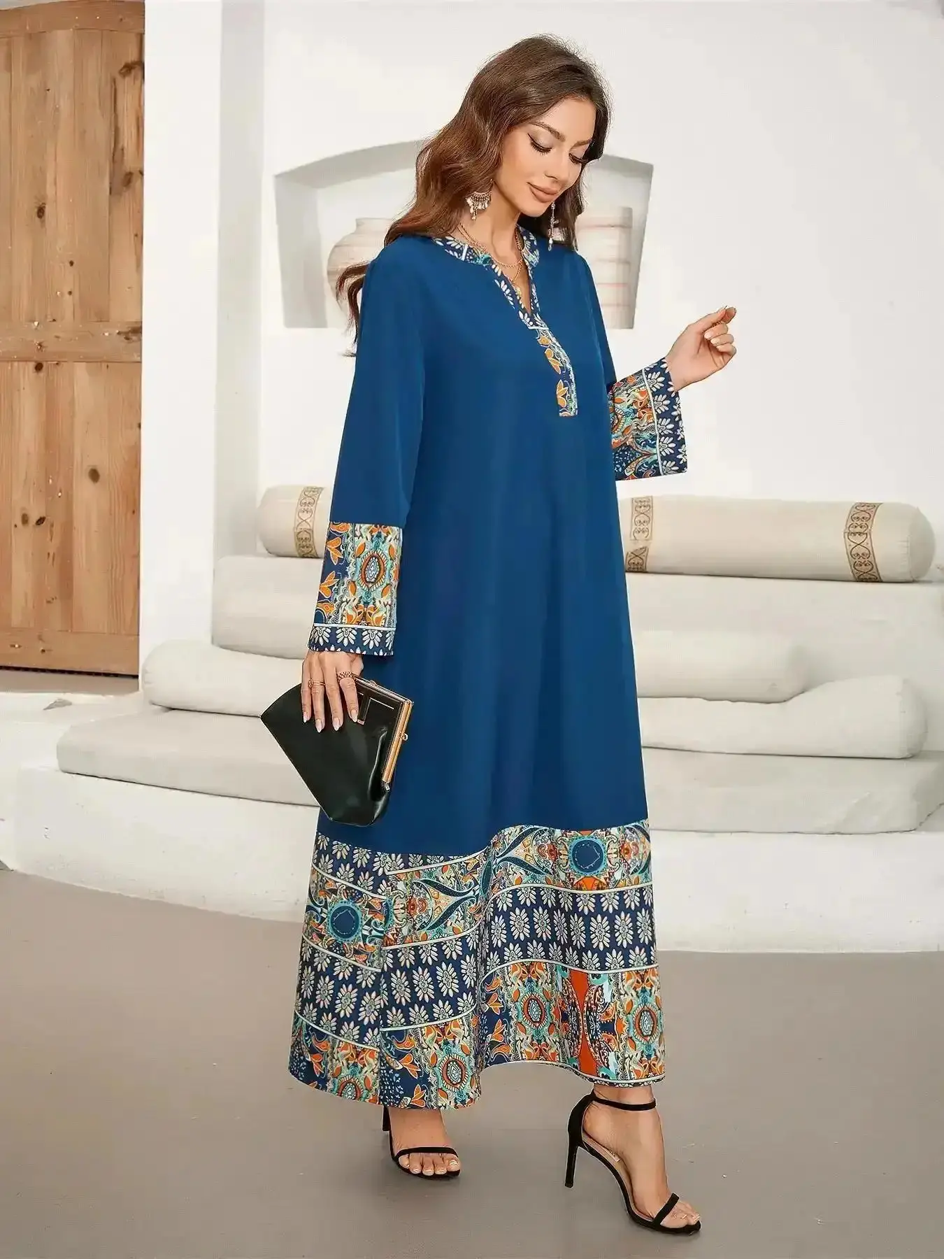 Glamorous Evening Gown, Elegant Women's Floral Pattern Printed Long Robe Abaya, V Neck Mid-Length Sleeve Dress, Loose-Fit, Modest, All Seasons Wear, and Stylish, for Daily, Trendy, Timeless, Chilly Day, Modern