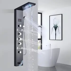 Brushed Black LED Shower Panel Tower System Rain Body Massage Jet With Tub Spout
