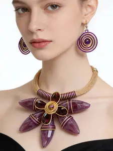 Creative new exaggerated maximalist jewelry 5-piece long bead woven sunflower shaped pendant, high-end necklace earring set