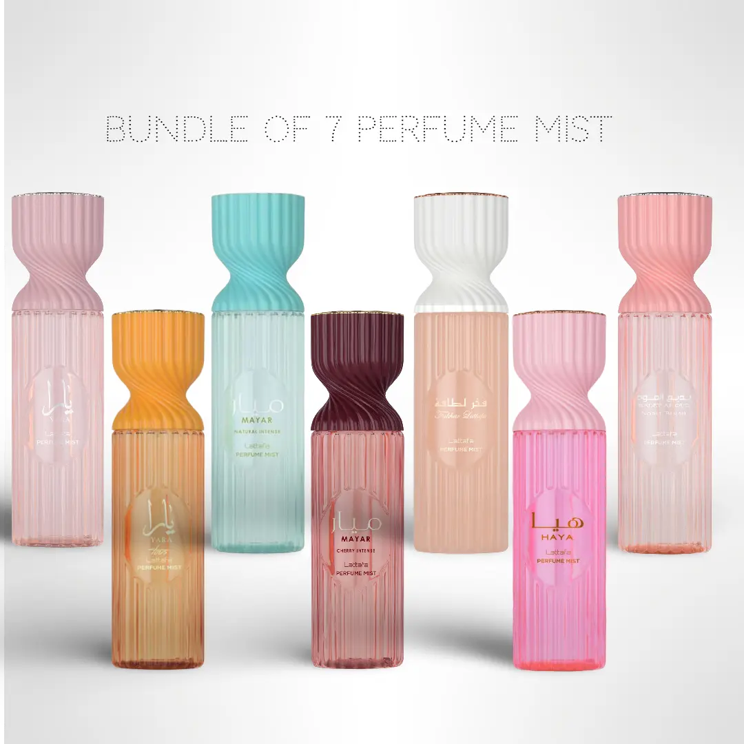 The Misty Paradise Bundle: Yara + Yara Tous + Mayar Natural Intense + Mayar Charry Intense + Fakhar Women + Haya + Noble Blush – 7 x 250ml (8.4 Fl Oz) Perfume Mists for Women