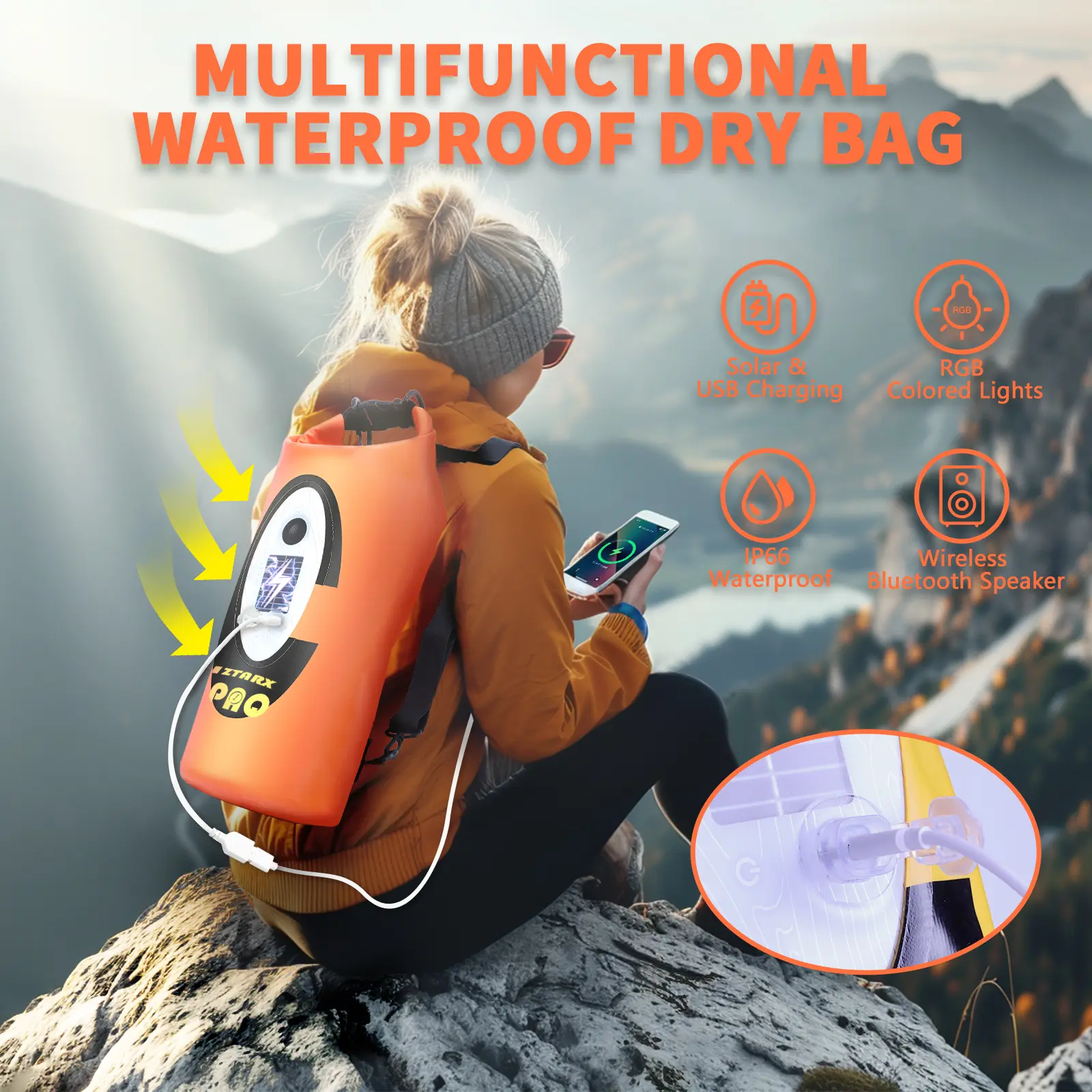 Solar powered dry bag backpack 10L with built-in Bluetooth speaker & LED light (4 lighting modes), solar or USB rechargeable, IP66 waterproof, floatable, ideal for camping, kayaking, hiking